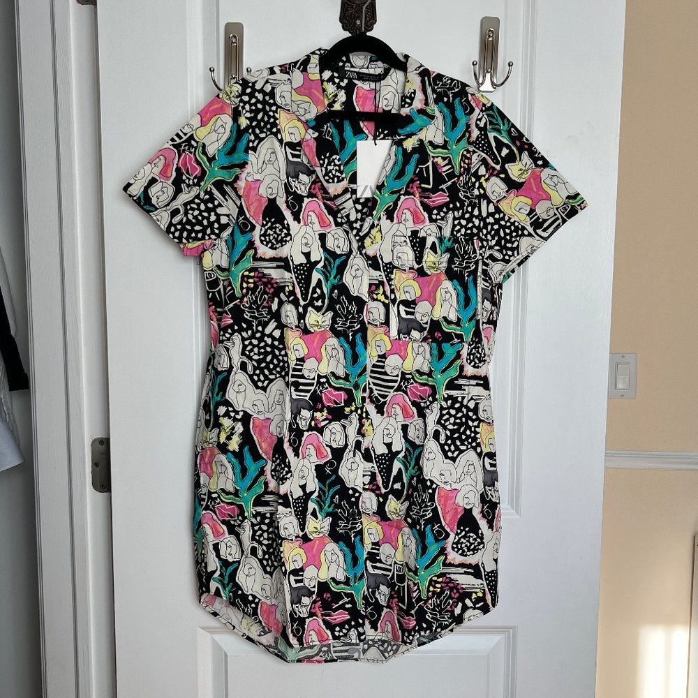 Zara Colorful Cat Women Button Down Shirt Dress